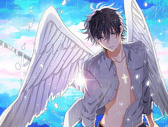 Anime style illustration of a flying male angel