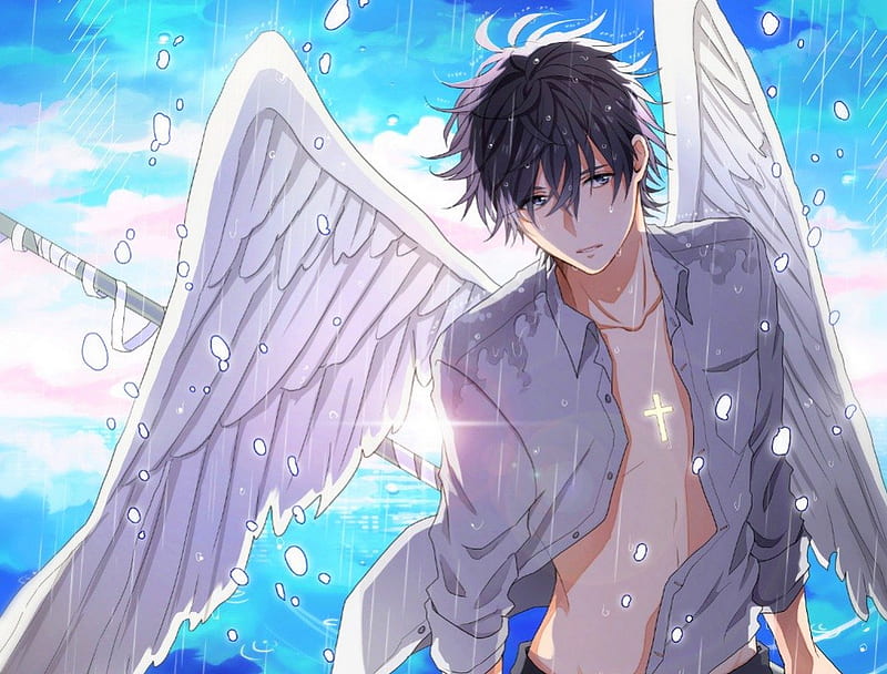 Angel, Boy, Anime, Cross, Blue Sky, Male, Sweet, Cute, Angel Wings, Original, Hot, HD wallpaper