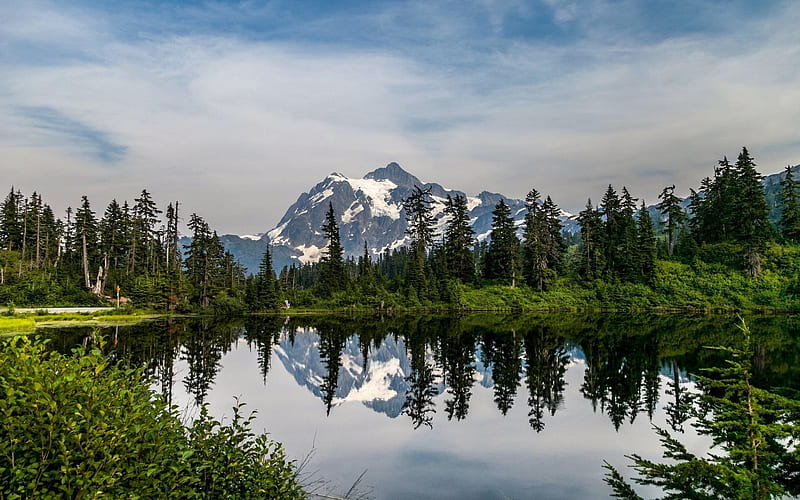 Mountains, lake, forest, mountain landscape, North Cascades National Park, Whatcom, Washington, United States, HD wallpaper