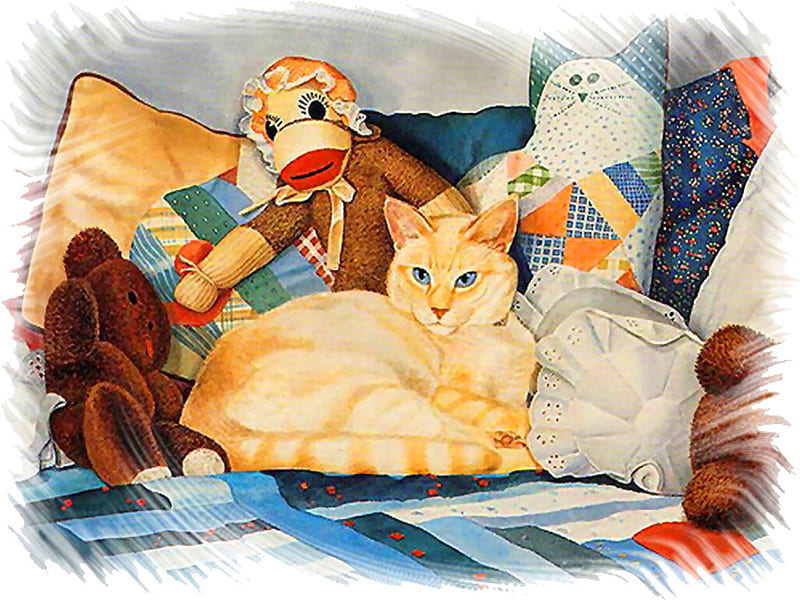 Nestled Among Friends - Cat , art, quilt, cat, artwork, animal, pet, feline, painting, toys, pillows, HD wallpaper