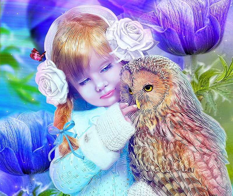 purple, bird, girl, flower, pasari, copil, child, art, owl, bufnita, HD wallpaper