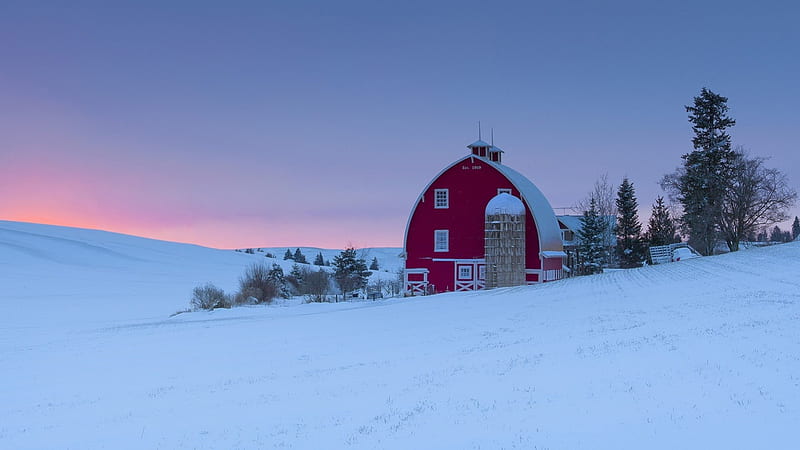 red barn and silo on a winter's sunset, farm, hills, silo, sunset, barn, winter, HD wallpaper