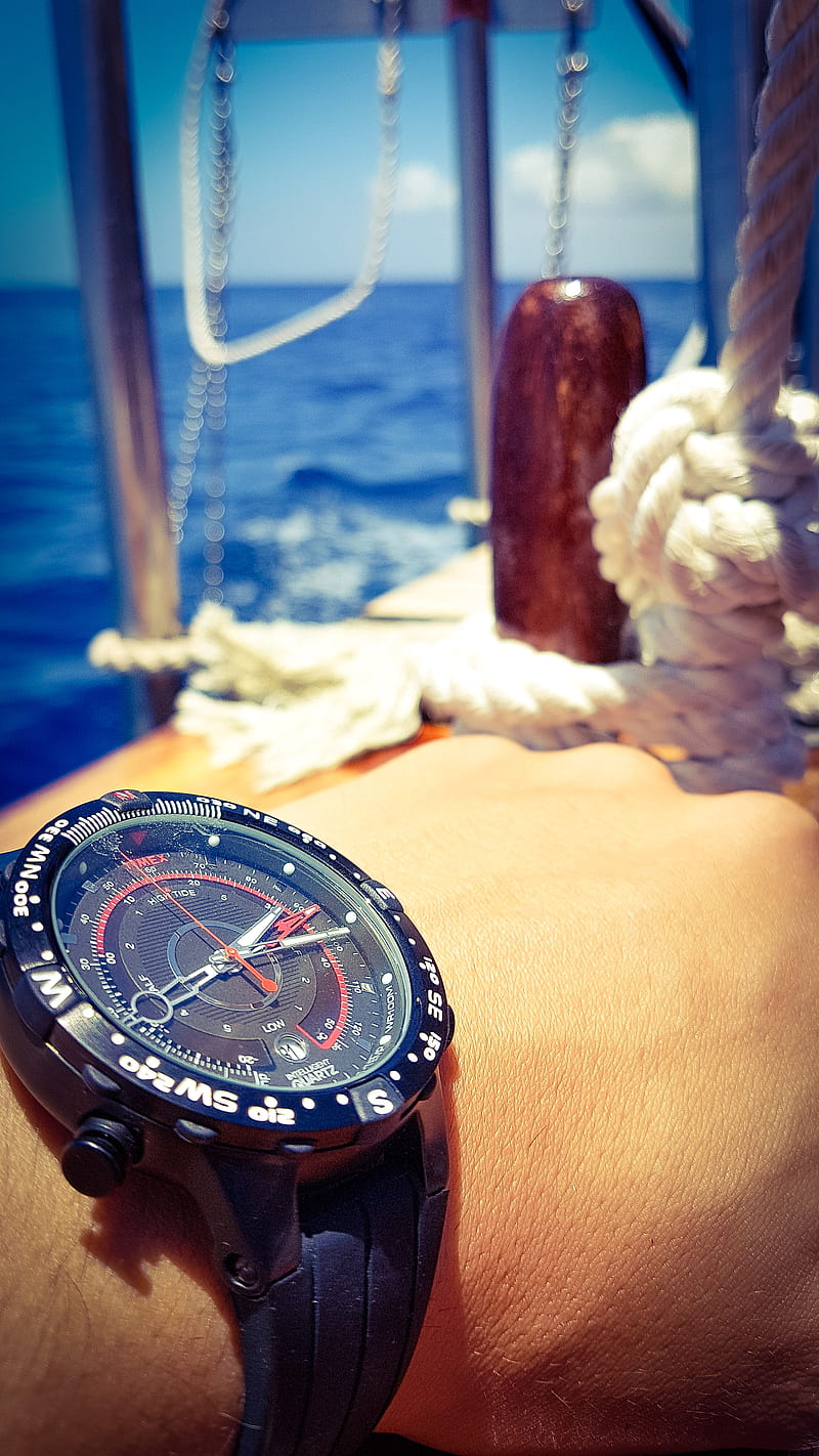 Lost, boat, compas, hand, holiday, horizon, hours, minutes, ocean, rope, sail, seconds, strap, sun, temperature, tenerife, tide, timex, travel, watch, HD phone wallpaper