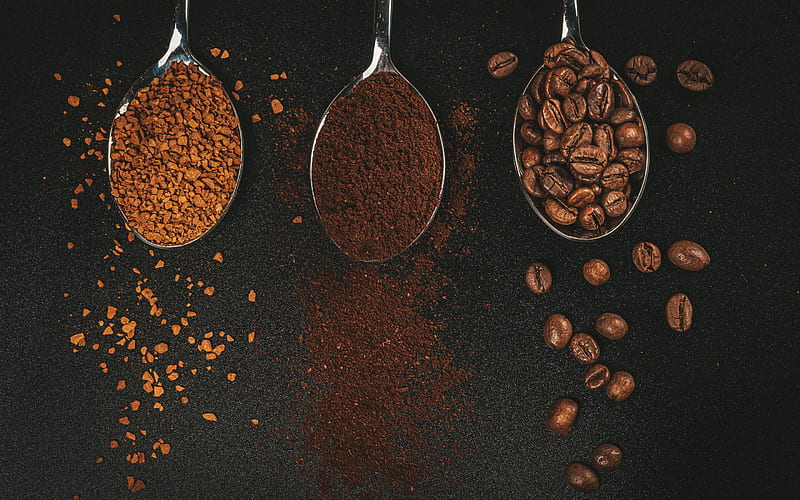 coffee, coffee beans, types of coffee, ground coffee, gray background, coffee in spoons, HD wallpaper
