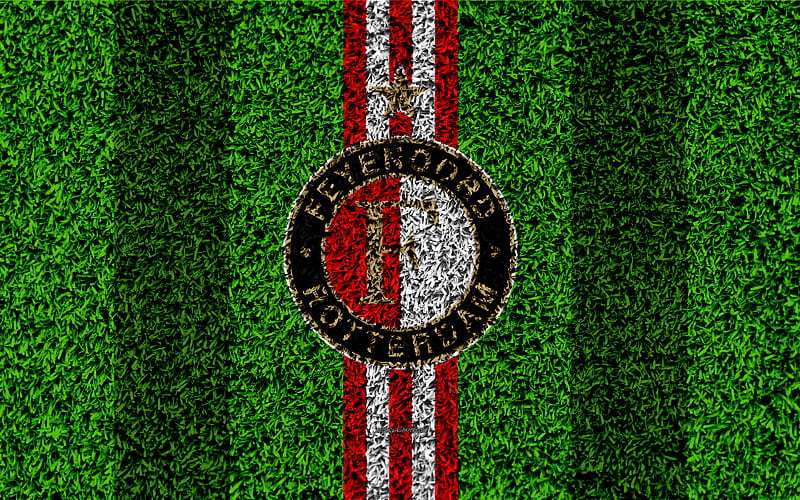 Feyenoord FC emblem, football lawn, Dutch football club, logo, grass texture, Eredivisie, red white lines, Rotterdam, Netherlands, football, Feyenoord Rotterdam, HD wallpaper