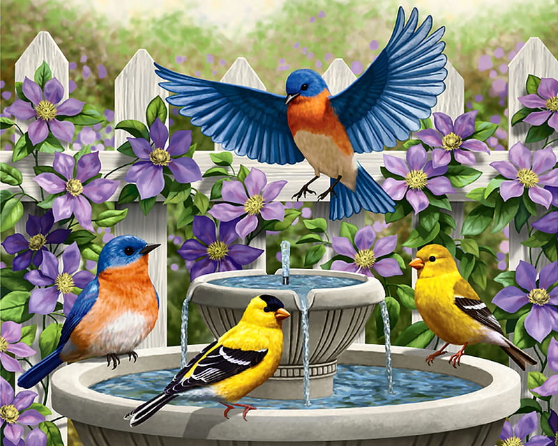 Fountain Festivities F1, art, fountain, bluebirds, birdbath, songbirds, bonito, illustration, artwork, animal, bird, avian, painting, wide screen, wildlife, goldfinch, HD wallpaper