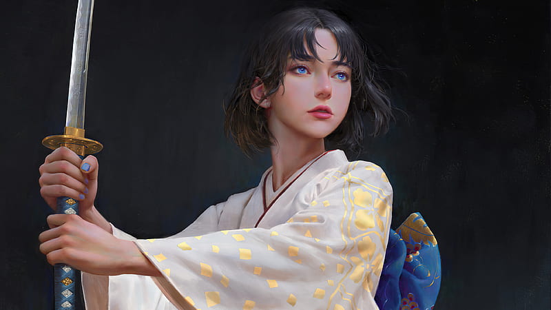 Fantasy, Women Warrior, Blue Eyes, Girl, Japanese, Katana, Kimono, Woman, HD wallpaper