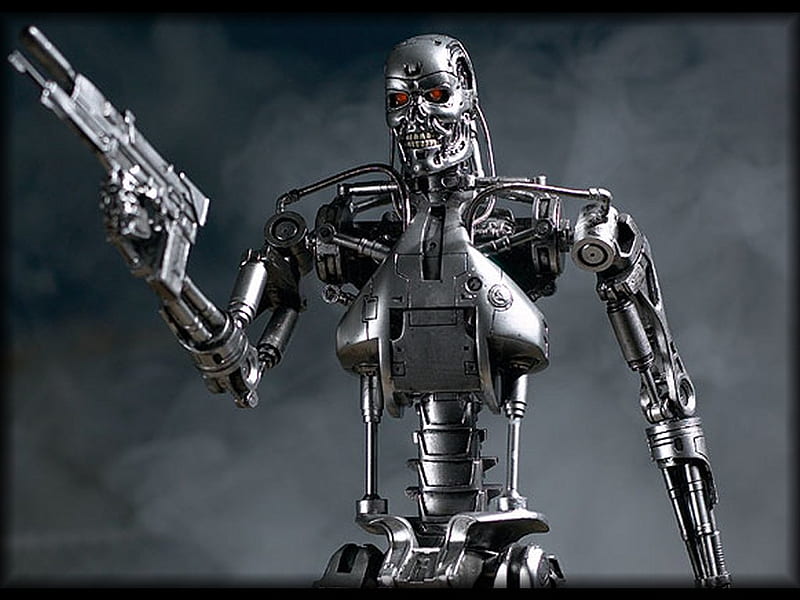 t-800, gun, cyborg, smokes, endoskeleton, red eyes, HD wallpaper