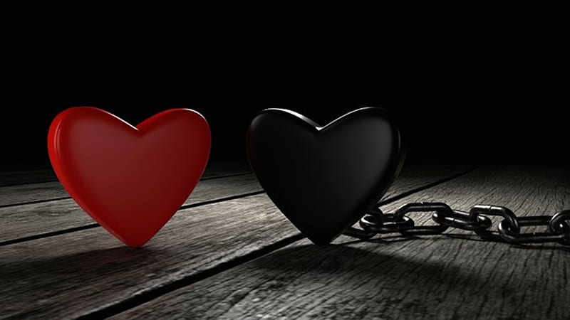 Red Black Heart Shapes On Wood Table Heart, HD wallpaper