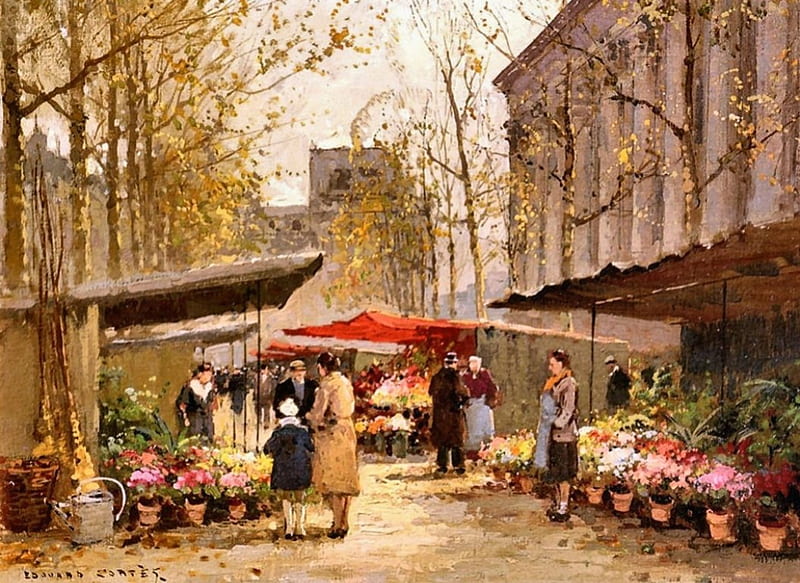 Flower Seller at La Madeleine , architecture, art, old master, cityscape, bonito, artwork, Cortes, La Madeleine, Edouard Cortes, painting, wide screen, flowers, scenery, oldmaster, HD wallpaper
