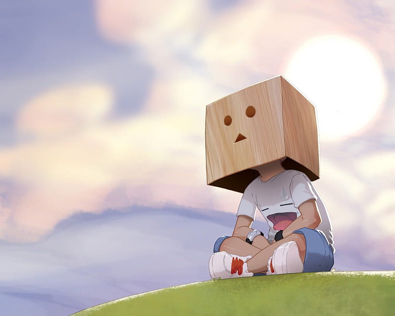 Boxhead Kid, kid, human, head, box, sitting, abstract, hill, other, HD wallpaper