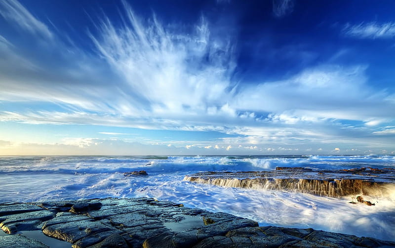 splendid seashore under deep blue sky r, rocks, shore, surf, waves, sky, clouds, sea, r, blue, HD wallpaper