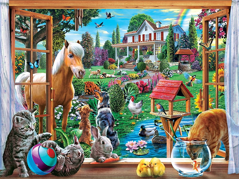 Family Hour Peeking Through, dogs, rabbit, house, well, ducks, birds, horse, artwork, hen, painting, garden, flowers, cats, HD wallpaper