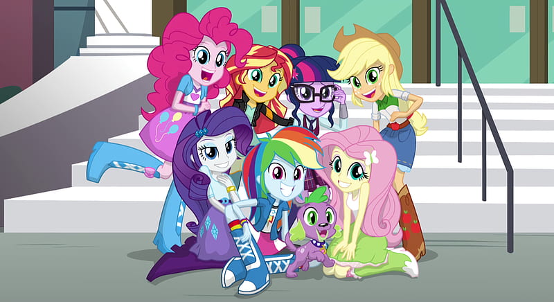 Movie, My Little Pony: Equestria Girls - Friendship Games, Sci-Twi (My Little Pony) , Sunset Shimmer , Spike (My Little Pony) , Applejack (My Little Pony) , Rainbow Dash , Pinkie Pie , Fluttershy (My Little Pony) , Rarity (My Little Pony), HD wallpaper
