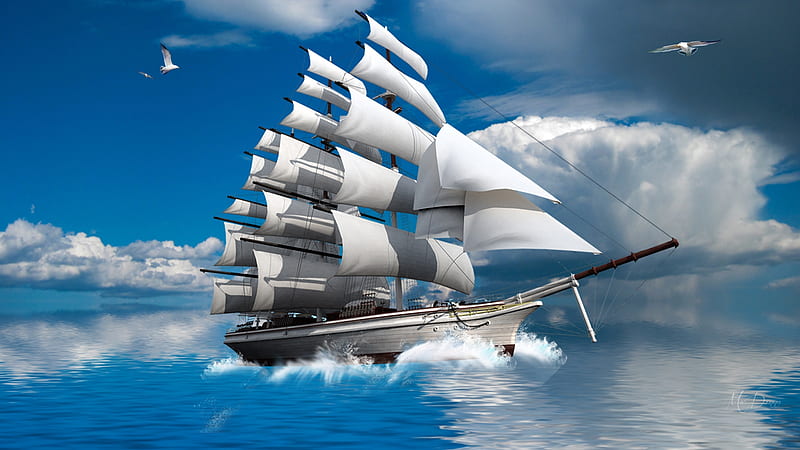 Schooner at Sea, sea birds, tall ship, waves, sky, sea, boat, ship, schooner, gulls, Firefox Persona theme, blue, HD wallpaper