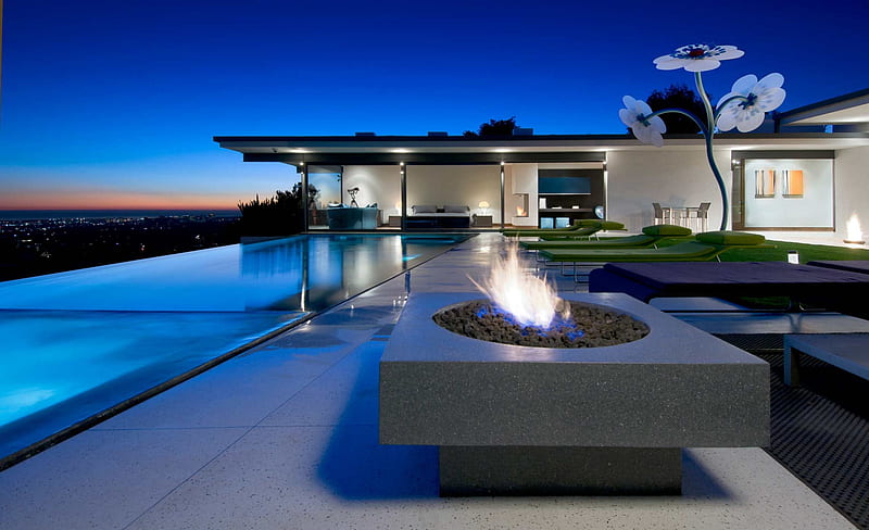 Contemporary Dream Villa in California, los angeles, house, california, sunset, villa, lights, modern, america, swimming, contemporary, view, high, pool, fire, infinity, usa, mansion, pit, HD wallpaper