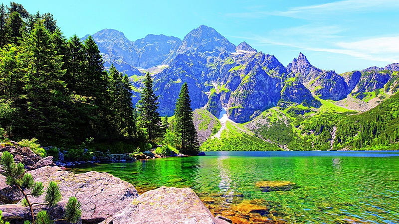 Pologne Tatra Park,Poland, mountain, rocks, water, nature, park, trees, lake, landscape, HD wallpaper