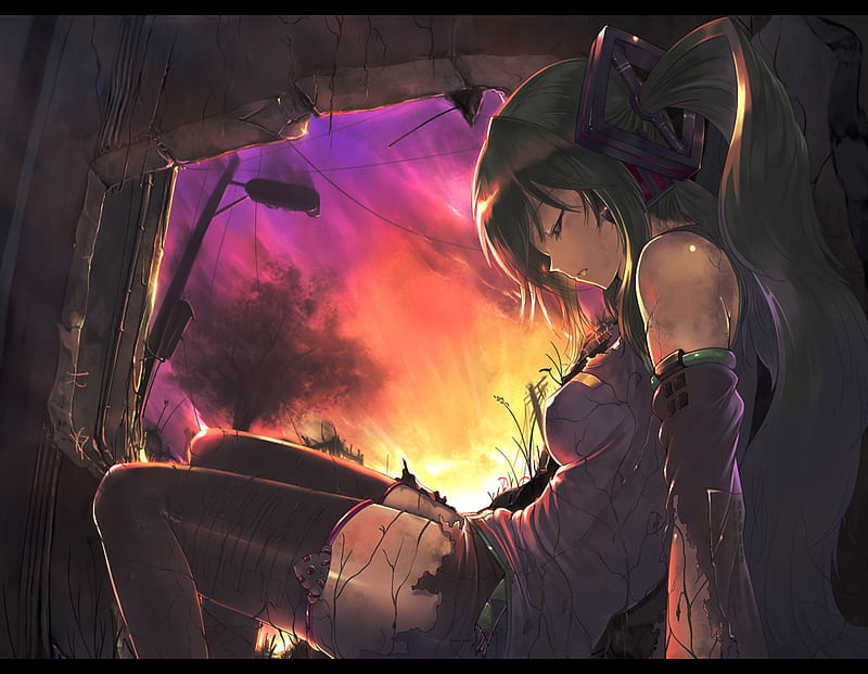 hatsune miku, sadness, stockings, blue hair, vines, ripped clothes, sunset, twin tails, HD wallpaper