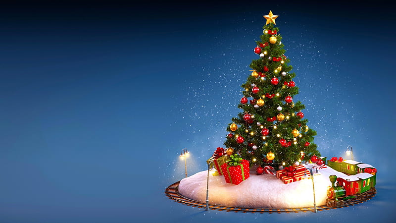 Merry Christmas!, red, tree, christmas, craciun, train, toy, new year, blue, card, HD wallpaper