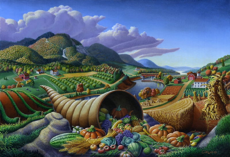 The Valley Of Plenty, farms, food, cornucopia, valley, HD wallpaper