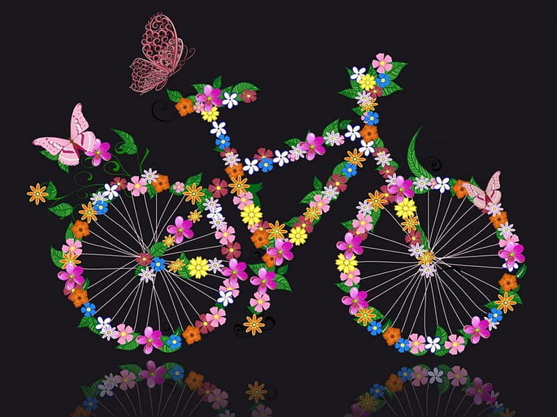 SUMMER BICYCLE, BUTTERFLIES, VECTOR, BICYCLE, FLOWERS, TWO, WHEEL, HD wallpaper