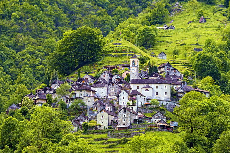 Locarno, Canton Ticino, Switzerland, house, nature, church, trees, alps, HD wallpaper
