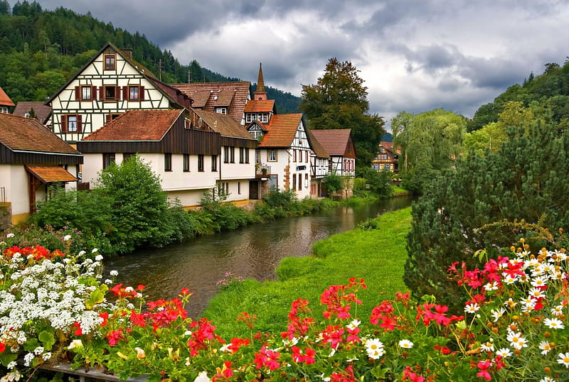 Village in Germany, pretty, colorful, cottages, grass, bonito, clouds, mountain, nice, calm, green, village, river, reflection, cabins, lovely, view, houses, greenery, sky, trees, Europe, serenity, flower, peaceful, summer, nature, Germany, HD wallpaper