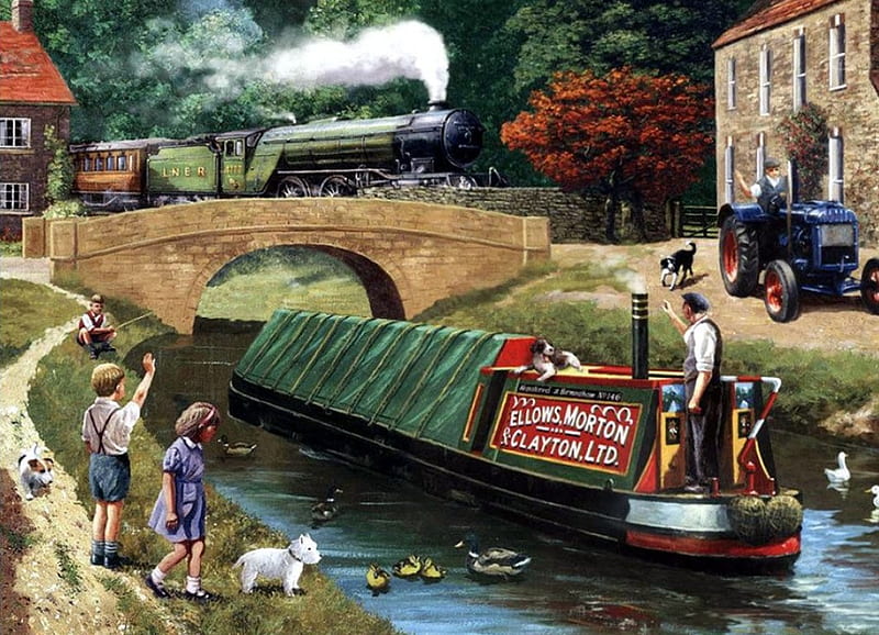 River Town, tractor, train, ship, bridge, painting, children, artwork, vintage, HD wallpaper