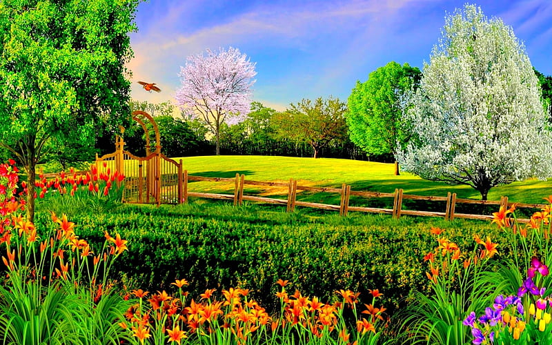 Park in Springtime, forest, bloom, birds, flowers, nature, spring, park, trees, HD wallpaper