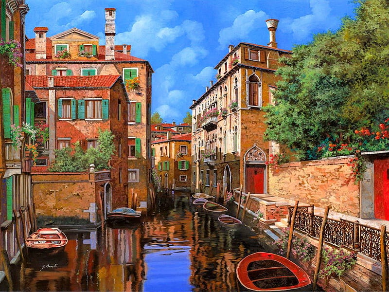 Luci a Venezia, colroful, pretty, shore, canal, Italy, bonito, venice, nice, boats, painting, venezia, reflection, light, art, lovely, romantic, town, place, sky, trees, water, peaceful, summer, gondola, HD wallpaper