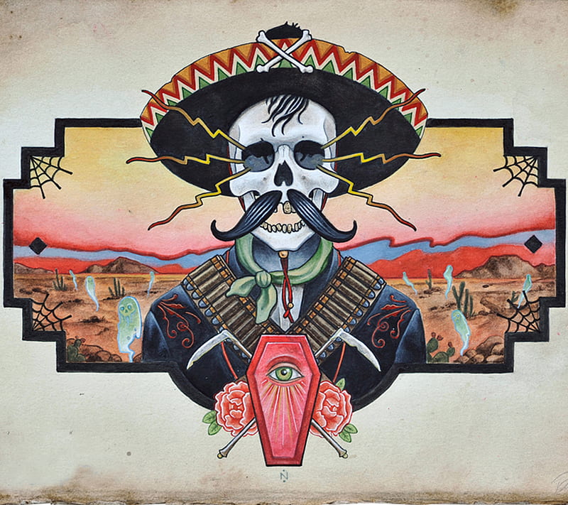 Bandito Skull, art, bandit, roses, HD wallpaper