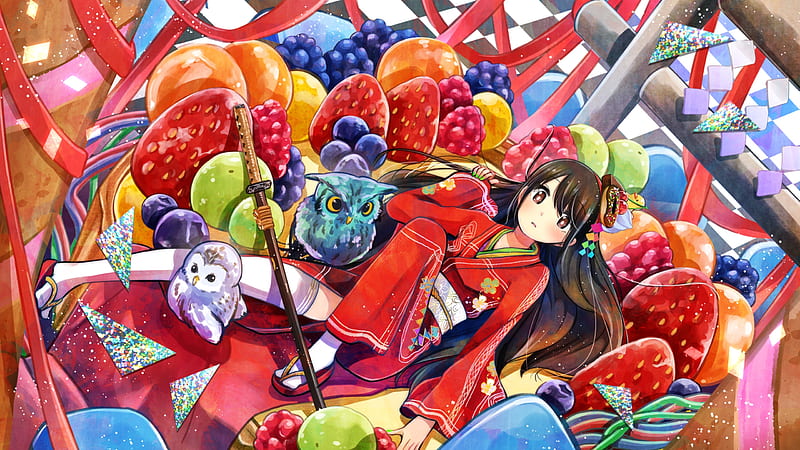 Girl and owls between berries, red, owl, colorful, food, manga, rainys bill, cucuvea, bufnita, girl, bird, berry, anime, blue, HD wallpaper
