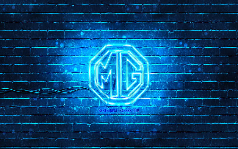 MG blue logo blue brickwall, MG logo, cars brands, MG neon logo, MG, HD wallpaper