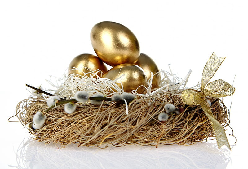 Easter Eggs, wollow twig, nest, golden, eggs, easter, HD wallpaper