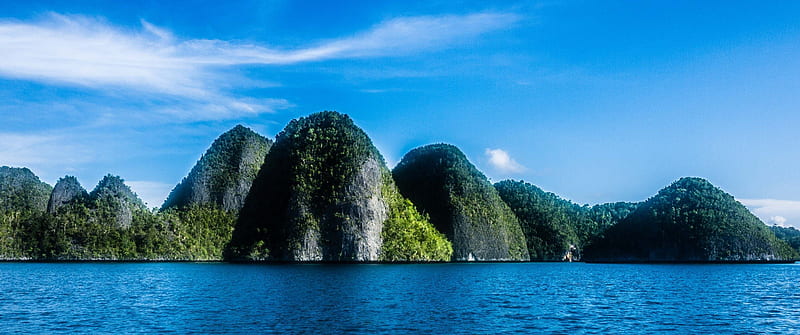 Raja Ampat Islands, tourism, domes, underwater biodiversity, ocean, trees, beach, water, archipelago, green, white, blue, HD wallpaper