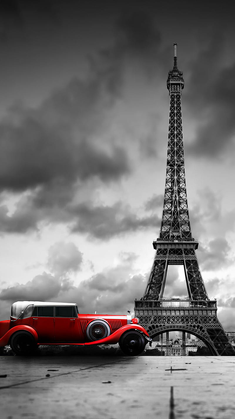 paris, architecture, black, car, cloud, eiffel, red, tower, white, HD phone wallpaper