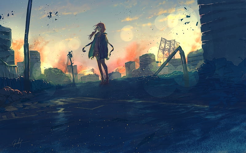 yuzuki yukari, apocalypse, lonely, ruins, destruction, vocaloid, sky, Anime, HD wallpaper