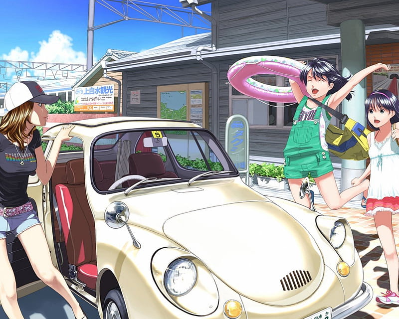 Yay!! Swimming~*, house, summer time, bag, clouds, anime, shorts, open the door, girls, jump, shirt, brown hair, sky, hat, happy, carros, summer, going swi, station, pruple hair, ing, exicted, HD wallpaper
