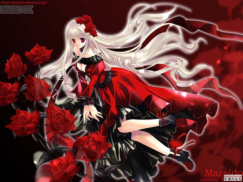 412230 roses, petals, red nails, belt, Matcha_, clouds, sky, looking at  viewer, crown, anime, anime girls, ribbons, flowers, Virtual Youtuber -  Rare Gallery HD Wallpapers