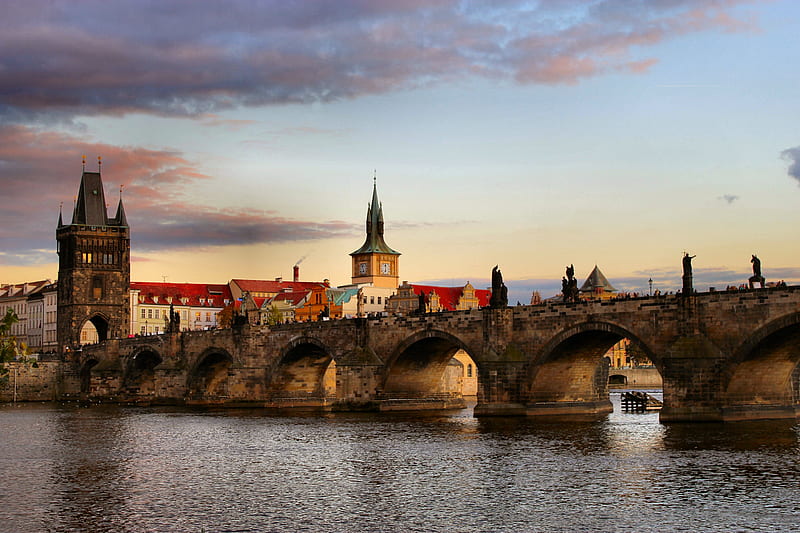 Prague, Charles Bridge, ancient, czech republic, buildings, vltava, rivber, sunset, sky, HD wallpaper