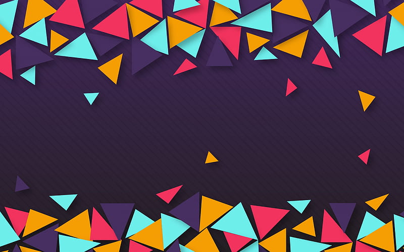bright geometric abstraction, multicolored triangles, geometric shapes, purple background, HD wallpaper