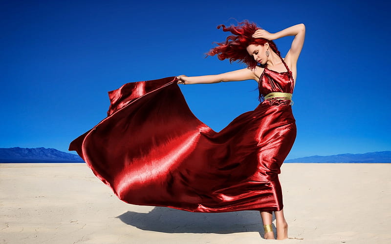 Beauty, red, dress, model, redhead, wind, woman, jessica truscott, girl, blue, HD wallpaper