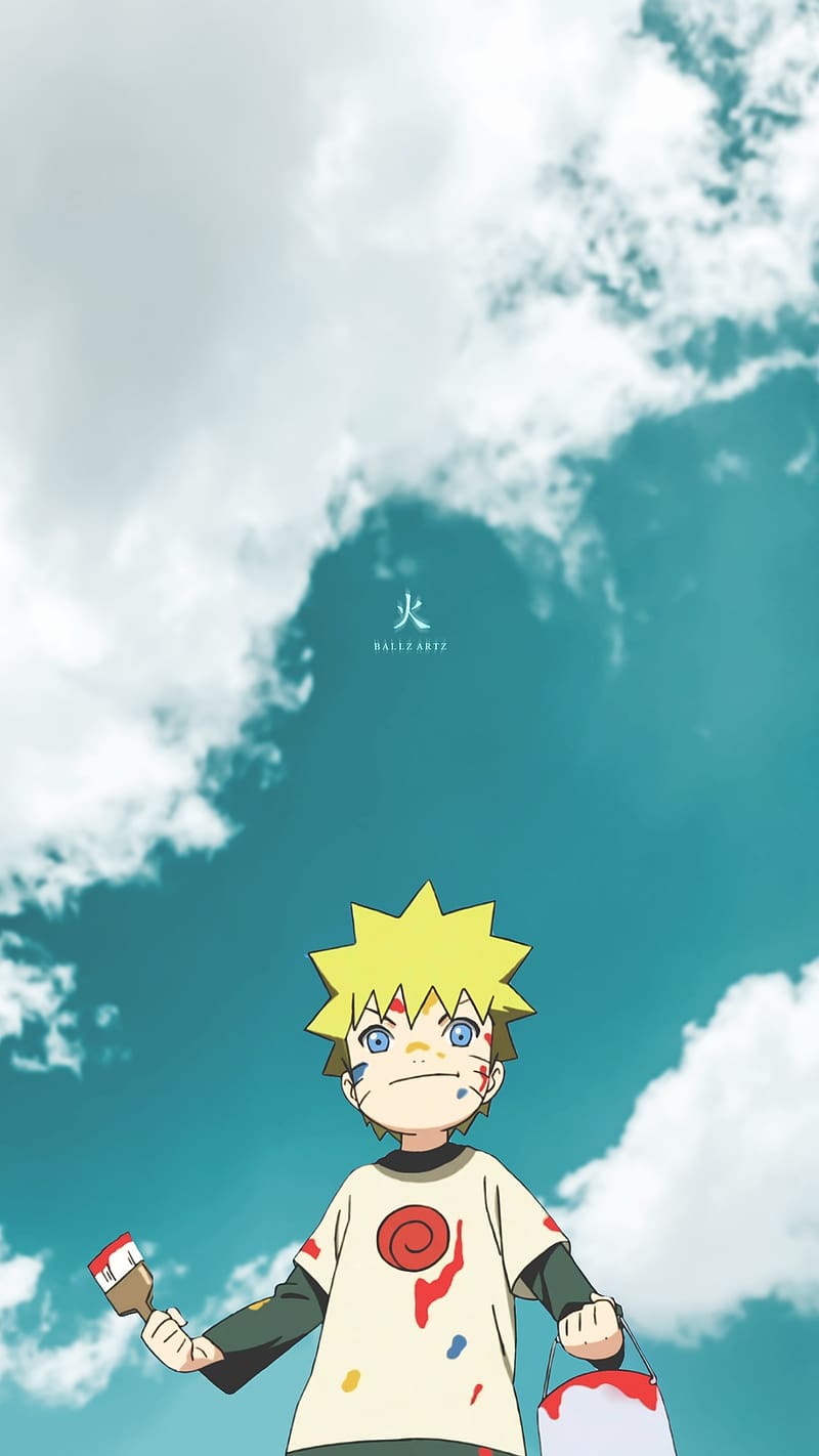 Naruto Kid Live With Paint Brush, naruto live, paint brush, kid, anime, animation, clouds background, HD phone wallpaper