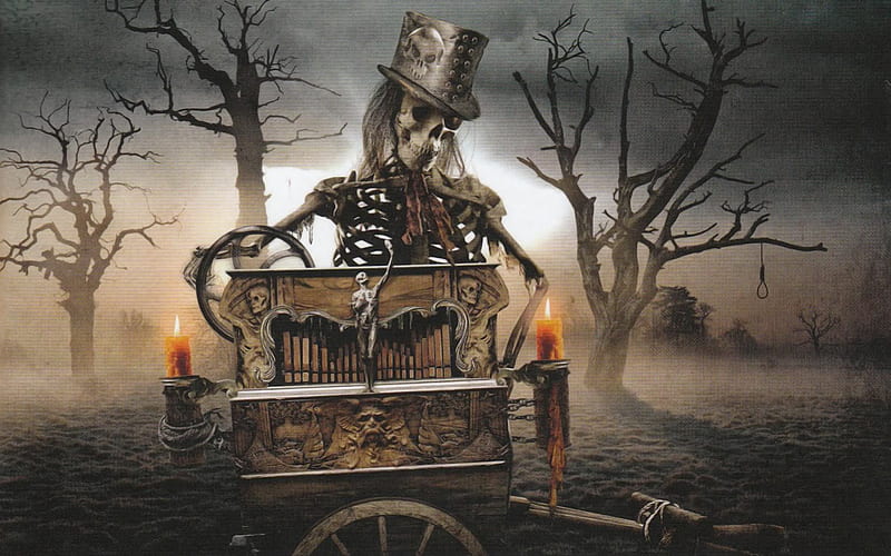 The Wicked Symphony, skeleton, cart, noose, trees, fog, candles, hat, top hat, skulls, Avantasia, organ, pipe organ, skeletons, HD wallpaper
