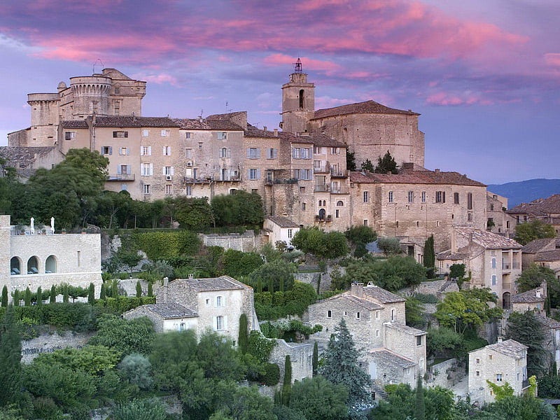 Gordes Provence, architecture, houses, trees, sky, france, provence, evening, gordes, HD wallpaper
