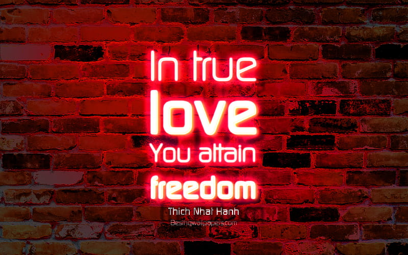 In true love You attain dom purple brick wall, Thich Nhat Hanh Quotes, popular quotes, neon text, inspiration, Thich Nhat Hanh, quotes about love, HD wallpaper