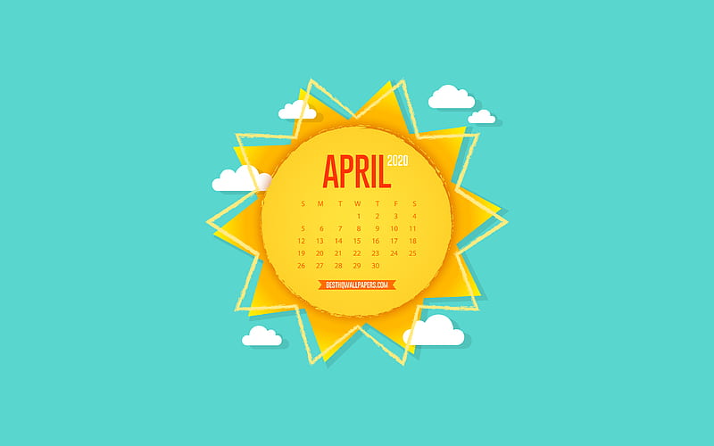 2020 April Calendar, creative sun, paper art, background with the sun, April, blue sky, 2020 spring calendars, April 2020 Calendar, HD wallpaper