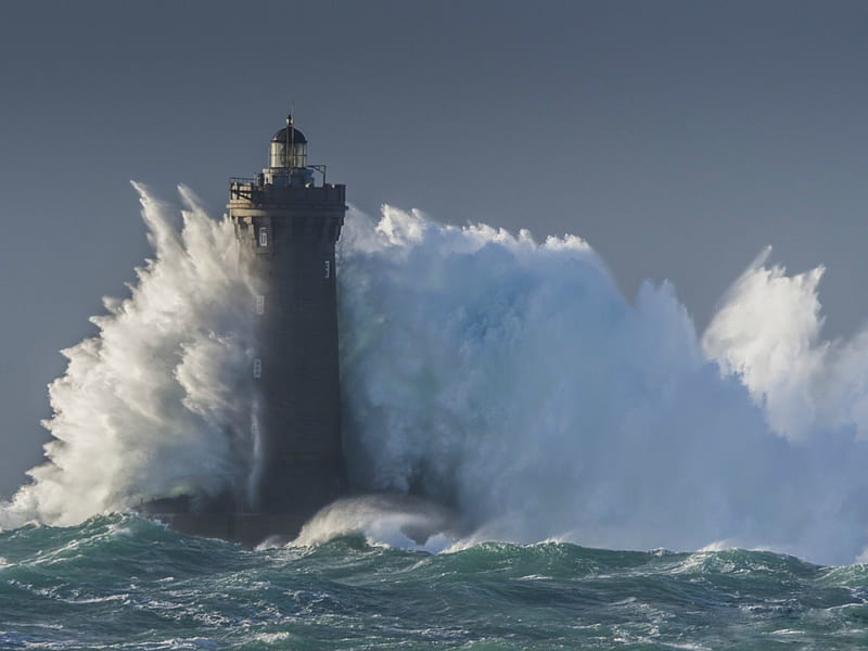 Tropical Storm, nature, storm, lighthouse, sea, blue, wave, HD wallpaper