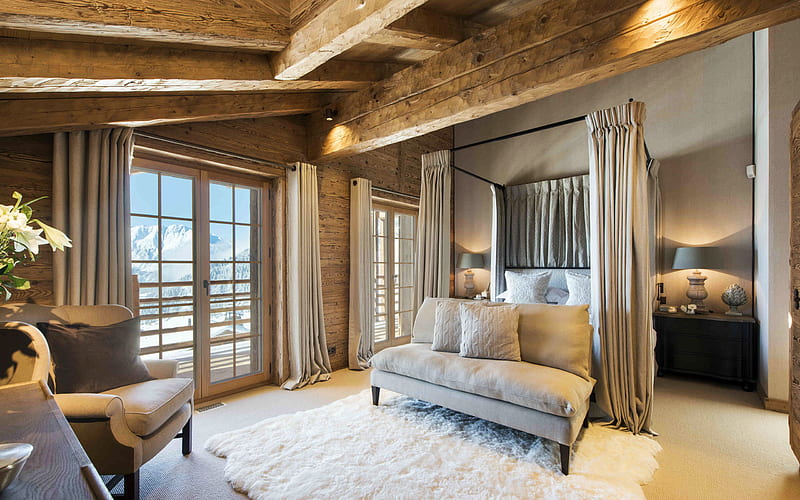 bedroom, Chalet Interior, Wood in the interior, creative Chalet ideas, modern design, Bedroom Chalet style, HD wallpaper