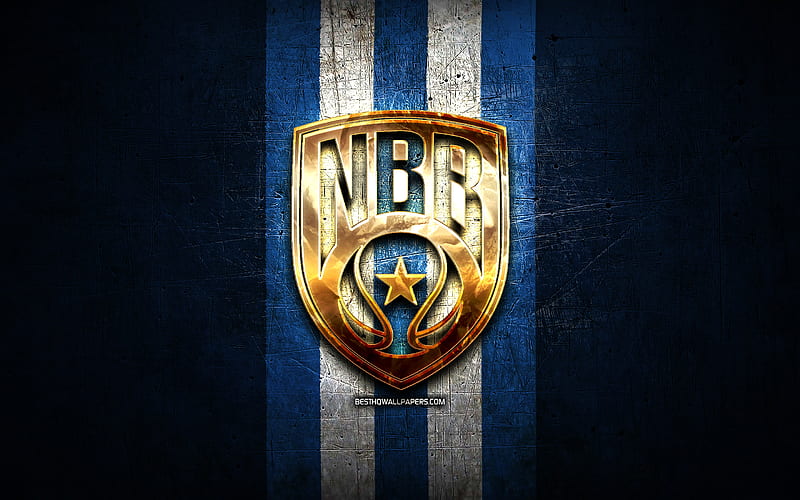 New Basket Brindisi, golden logo, LBA, blue metal background, italian basketball club, Lega Basket Serie A, New Basket Brindisi logo, basketball, Happy Casa Brindisi, HD wallpaper
